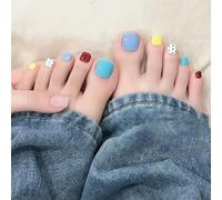 Viugex 24Pcs Dopamine False Toenails, Short Square French Tip Press on Toenails, Candy Color Full Cover Acrylic Fake Toe Nails, Artificial Glossy Stick on Toe Nails for Women Pedicure Decorations