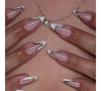 Viugex 24Pcs False Nails Almond Medium, French White Tip Press on Nails, Elegant Acrylic Fake Nail with Gold Line Design, Natural Reusable Stick on Nails for Women Daily Party Wedding Wear, 12 Sizes