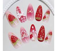 Viugex 24Pcs False Nails Almond Medium, Natural Glossy Pink Red Press on Nails, 3D Cute Strawberry French Tip Fake Nails, Bow Flowers Pearls Designs Acrylic Full Cover Glue on Nail for Women and Girls