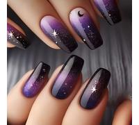 Viugex 24Pcs False Nails Medium Coffin, Black Purple Gradient Press on Nails with Moon & Star Design, Acrylic Fake Nail Set, Natural Reusable Full Cover Glue on Nails for Women Girls Nail Decoration