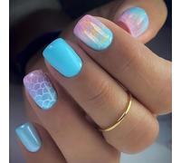 Viugex 24Pcs False Nails Short Square, French Tip Press on Nails Blue Starry Sky & Scale Design Acrylic Fake Nails Set, Reusable Natural Full Cover Gel Stick on Nail for Women Girls Finger Decoration