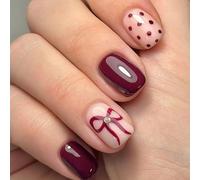Viugex 24Pcs False Nails Short Square, Wine Red French Tip Press on Nails, Acrylic Fake Nails Set with Cute Bow & Dot Pattern, Natural Handmade Full Coverage Glue on Nail for Women Finger Decoration