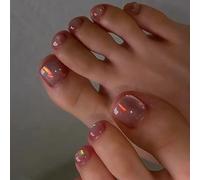 Viugex 24Pcs False Toenails Short Square, French Tip Press on Toenails, Shiny Reddish Brown Full Cover Acrylic Fake Toe Nails, Artificial Glossy Gel Stick on Toe Nails for Women Pedicure Decorations