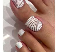 Viugex 24Pcs False Toenails Short Square, French Tip Press on Toenails, White Shell Full Cover Acrylic Fake Toe Nails, Artificial Glossy Gel Stick on Toe Nails for Women Pedicure Decorations