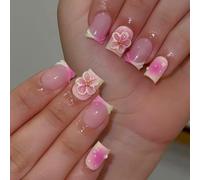 Viugex 24Pcs Floral Press on Nails Short Square, French Blush False Nails 3D Embossed Flower Design Fake Nail Set, 12 Sizes Glossy Reusable Glue on Nail, Acrylic Stick on Nails for Women Daily Wear