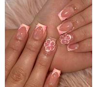 Viugex 24Pcs Floral Press on Nails Short Square, French False Nails 3D Flower Pearl Design Fake Nail Set, 12 Sizes Glossy Reusable Glue on Nail, Acrylic Stick on Nails for Women Daily Wedding Wear