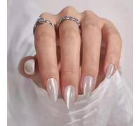 Viugex 24PCS French False Nails Almond Medium, Cat Eye Press on Nails, Chrome Handmade Acrylic Full Cover Fake Nails, White Glitter Natural Removable Stick on Nail for Women Daily Party Wear