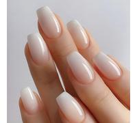 Viugex 24Pcs French False Nails Medium Coffin, Glossy Nude Gradient Press on Nails, Natural Fake Nail with Glue Stickers, Removable Acrylic Full Cover Stick on Nail for Women Girls DIY Manicure