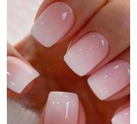 Viugex 24Pcs French False Nails Short Square, Jelly Pink White Gradient Press on Nails, Natural Glossy Stick on Nails Full Cover Acrylic Removable Glue-on Fake Nail for Women Girls DIY Manicure