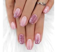 Viugex 24Pcs French False Nails Short Square, Pink Gradient Glitter Press on Nails, Natural Fake Nail with Glue Stickers, Acrylic Full Cover Removable Stick on Nails for Women Girls DIY Manicure