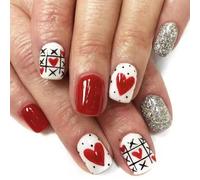 Viugex 24Pcs French False Nails Short Square, Red White Glossy Press on Nails with Heart Design, Glitter Natural Fake Nail, Valentine's Day Acrylic Full Cover Artificial Stick on Nails for Women Girls