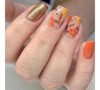 Viugex 24Pcs French False Nails Square, Medium Press on Nails with Fallen Leaves Flower Designs, Gold Shiny Fake Nail Acrylic Artificial Glue on Nail, Fall Winter Full Cover Stick on Nails for Women