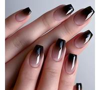 Viugex 24Pcs French Nude Press on Nails Short Square, Black Gradient Glossy False Nails, Natural Reusable Acrylic Fake Nail with Glue Stickers, Full Cover Artificial Stick on Nail for Women