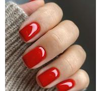 Viugex 24Pcs French Press on Nails, Glossy Bright Red Fake Nails, Short Square False Nails Solid Color Acrylic Glue on Nail, Reusable Artificial Stick on Nail for Women Girls Nail Art Decoration