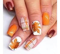 Viugex 24Pcs French Press on Nails, Medium Square False Nails, Glossy Orange Glitter Fake Nails with Maple Leaf Design, Autumn Winter Full Cover Acrylic Stick on Nail for Women Daily Holiday Wear