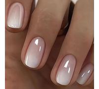 Viugex 24Pcs French Press on Nails Short Square, Pink White Gradient Glossy False Nails, Natural Reusable Acrylic Fake Nail with Glue Stickers, Full Cover Artificial Stick on Nail for Women Girls
