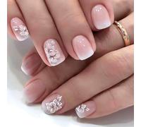 Viugex 24Pcs French Press on Nails Short Square, Pink White Gradient Glossy False Nails, White Flowers Acrylic Fake Nail Set, Natural Full Cover Artificial Stick on Nail for Women Girls DIY Manicure