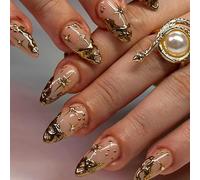 Viugex 24Pcs French Tip False Nails Almond Medium, 3D Gold Natural Glossy Press on Nails, Sun Moon Fake Nails, Elegant Reusable Acrylic Full Cover Stick on Nail for Women Girls Manicure Decorations