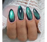 Viugex 24PCS French Tip False Nails Almond Medium, Chameleon Cat Eye Press on Nail, Chrome Handmade Acrylic Fake Nails, Cute Glitter Natural Removable Stick on Nails for Women Daily Party Wear