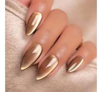 Viugex 24PCS French Tip False Nails Almond Medium, Gold Brown Cat Eye Press on Nails, Chrome Handmade Acrylic Fake Nails, Cute Glitter Natural Removable Stick on Nail for Women Daily Party Wear