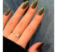 Viugex 24PCS French Tip False Nails Almond Medium, Green Cat Eye Press on Nails, Chrome Handmade Acrylic Fake Nails, Cute Glitter Natural Removable Stick on Nail for Women Daily Party Wear