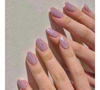 Viugex 24Pcs French Tip False Nails Almond, Purple Glitter Press on Nails Medium, Full Cover Glossy Gel Fake Nails, Aurora Natural Glue on Nail, Reusable Acrylic Stick on Nail for Women Girls Manicure