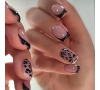 Viugex 24Pcs French Tip False Nails Short Square, Nude Pink Press on Nails with Leopard Prints, Glossy Elegant Acrylic Fake Nails Set, Removable Full Cover Gel Stick on Nail for Women Girls Nail Art