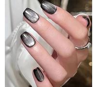 Viugex 24Pcs French Tip False Nails, Short Square Press on Nails, Black Cat Eye Glitter Acrylic Fake Nail, Cute Removable Glue on Nail, Artificial Full Cover Stick on Nails for Women Girls Manicure