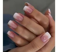Viugex 24Pcs French Tip False Nails Square, Pink White Gradient Press on Nails Acrylic Full Cover Fake Nails Set, Reusable Natural Glossy Gel Stick on Nail for Women Girls Finger Decoration