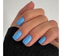 Viugex 24Pcs French Tip Press on Nails Short Square, Lake Blue Fake Nails with Glue Stickers, Glossy Solid Color Acrylic Full Cover False Nail, Elegant Reusable Stick on Nails for Women Daily Wear