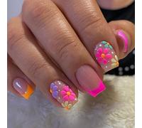 Viugex 24Pcs French Tip Press on Nails Short Square, Nude Pink False Nails with Multicoloured Flowers Design, Natural Reusable Fake Nails with Glue Stickers, Acrylic Stick on Nail for Women and Girls
