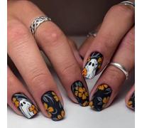 Viugex 24Pcs Halloween Black False Nails, Short Square Fake Nails, Dark Forest Press on Nails with White Ghost Yellow Flowers Designs, Artificial Full Cover Stick on Nail for Women Girls DIY Manicure