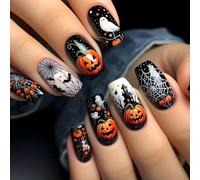 Viugex 24Pcs Halloween Black Press on Nails, Medium Square French False Nails with Pumpkin Bats Spider Web Designs, Acrylic Full Cover Fake Nail, Removable Stick on Nails for Women Manicure Decoration