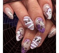Viugex 24Pcs Halloween Fake Nail Medium Almond, Purple White Press on Nails | Ghost Fake Nails with Cute Bandage Eye Design, Spider Web Pumpkin Acrylic Glue on Nail for Women Girl DIY Manicure