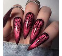 Viugex 24Pcs Halloween Fake Nails, Long Stiletto French Tip Press on Nails, Red Cat Eye Glitter False Nail with Spider Web Design, Removable Full Cover Artificial Stick on Nails for Women Girls