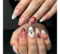 Viugex 24Pcs Halloween False Nails Medium Almond, 3D Ghost Press on Nails | French Tip Fake Nails with Red Spider Designs, White Spider Web Glue on Nail, Acrylic Full Cover Stick on Nail for Women Girl