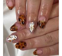Viugex 24Pcs Halloween False Nails Medium Almond, French Press on Nails with Leopard Print Ghost Pumpkin Designs, Glossy Acrylic Fake Nails, Artificial Glue on Nail for Women Girls DIY Manicure