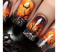 Viugex 24Pcs Halloween False Nails Medium Square, French Tip Fake Nails Black False Nails with Horror Bat Designs, Glossy Acrylic Glue on Nail Full Cover Artificial Stick on Nail for Women Girls