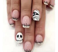 Viugex 24Pcs Halloween False Nails Short Square, French Tip Press on Nails White Pink Fake Nail with Mummy Skeleton Designs, Removable Artificial Acrylic Stick on Nails for Women Holiday Decoration