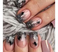 Viugex 24Pcs Halloween False Nails Short Square, Nude Pink French Press on Nails, Glitter Sequins Glossy Fake Nail with Black Spiders Design, Reusable Acrylic Full Cover Stick on Nails for Women Girls