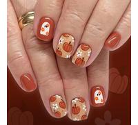 Viugex 24Pcs Halloween False Nails Short Square, Orange French Tip Fake Nails Cute Pumpkin Ghost Flowers False Nails, Acrylic Full Cover Artificial Stick on Nail for Women Girls Holiday Decoration