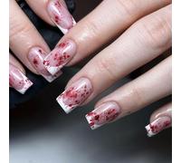 Viugex 24Pcs Halloween False Nails Square, Medium French White Tips Press on Nails, Nude Pink Fake Nails with Red Blood Design, Full Cover Acrylic Stick on Nail for Women Girls Halloween Decoration