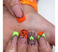 Viugex 24Pcs Halloween False Nails Square, Medium Length Frosted Press on Nails, Orange Green Fake Nails with Heart Pumpkin Spider Web Designs, Full Cover Acrylic Artificial Stick on Nail for Women