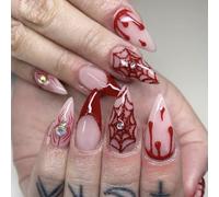 Viugex 24Pcs Halloween Press on Nails Medium Almond, French Red False Nails with Spider Web Glitter Rhinestones Designs, Artificial Acrylic Fake Nail, Full Cover Glossy Stick on Nails for Women Girls