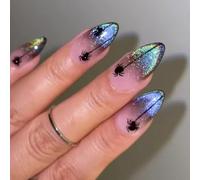 Viugex 24Pcs Halloween Press on Nails, Medium Almond Purple Glitter False Nails French Tip Fake Nail with Scary Spider Design, Glossy Glue on Nail Full Cover Acrylic Stick on Nails for Women Girls