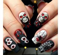 Viugex 24Pcs Halloween Press on Nails Medium Square, 3D Spider Fake Nails | Black White False Nails with Blood Drop Skull Design, Scary Spider Web Glue on Nail, Full Cover Stick on Nail for Women Girls