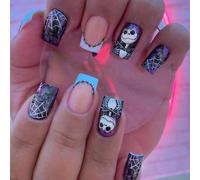 Viugex 24Pcs Halloween Press on Nails, Medium Square False Nails French Tip Fake Nail with Cute Spider Web Ghost Designs, Reusable Full Cover Artificial Stick on Nails for Women Holiday Decoration