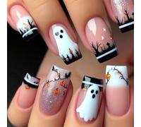 Viugex 24Pcs Halloween Press on Nails Medium Square, French Pink Glitter False Nail with Cute Ghost Pumpkin Lights Pattern, Soft Gel Fake Nails Kit, Reusable Artificial Stick on Nails for Women Girls