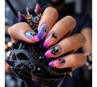 Viugex 24Pcs Halloween Press on Nails, Pink Purple Fake Nails Long Almond | Glitter Nude Gradient False Nails with Spider Web Bat Design, Horror Skull Full Cover Acrylic Glue on Nail for Women Girl