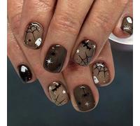 Viugex 24Pcs Halloween Press on Nails, Short Square False Nails Glossy Black French Fake Nails with Cute Spider Bat Ghost Designs, Full Cover Acrylic Artificial Stick on Nail for Women Girls Manicure